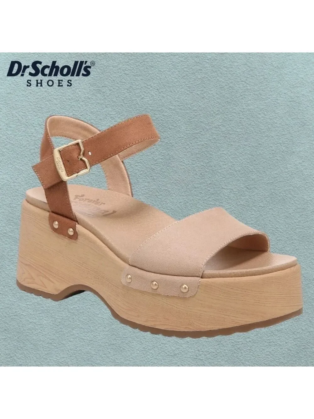 DR SCHOLLS Dublin-Stud-Accent Faux Wood Eco-Friendly Platform Sandal-10M NWT